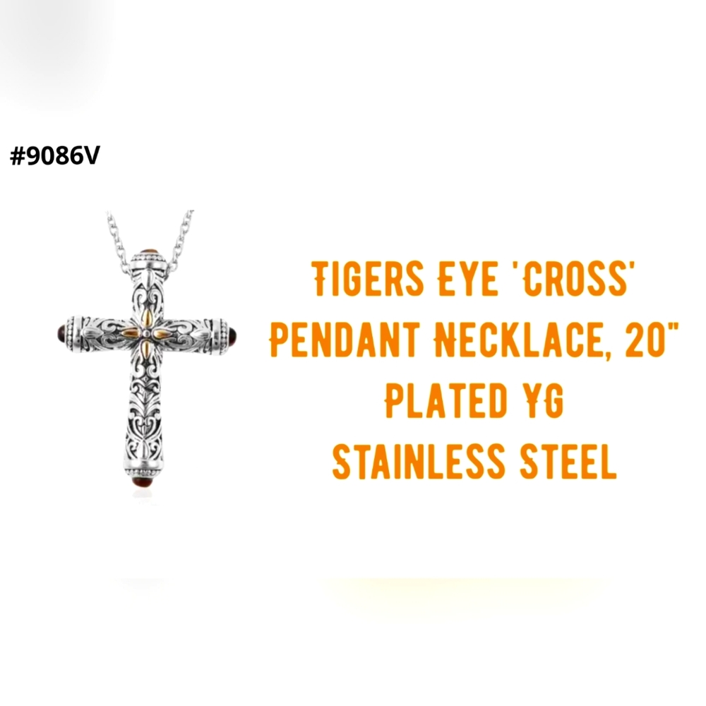 Tigers Eye Celtic cross, ION plated YG, stainless steel
